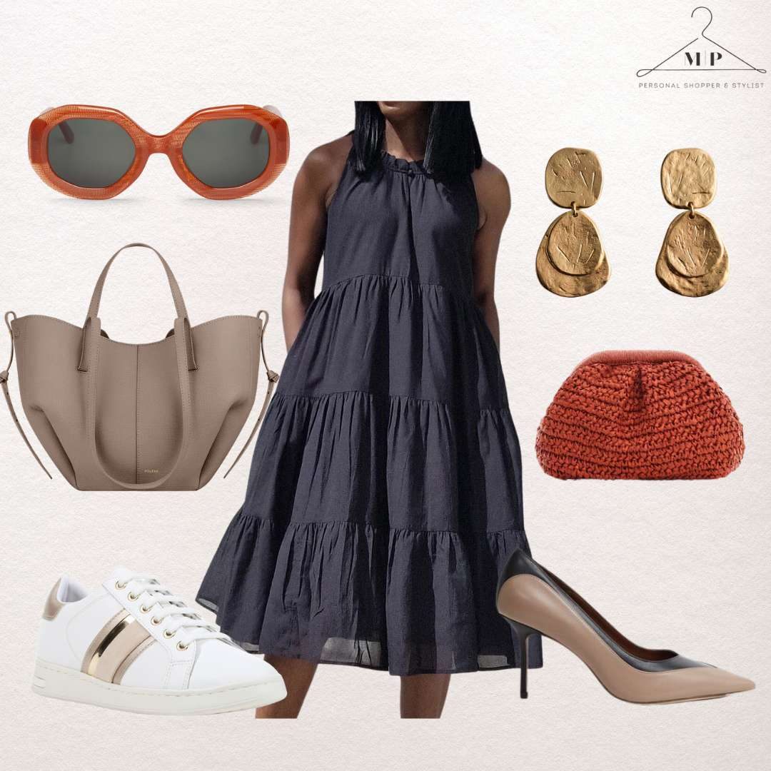 Navy tiered sleeveless midi dress with orange oval sunglasses, a taupe leather tote, gold coin drop earrings, a coral crochet clutch, white trainers and nude court heels