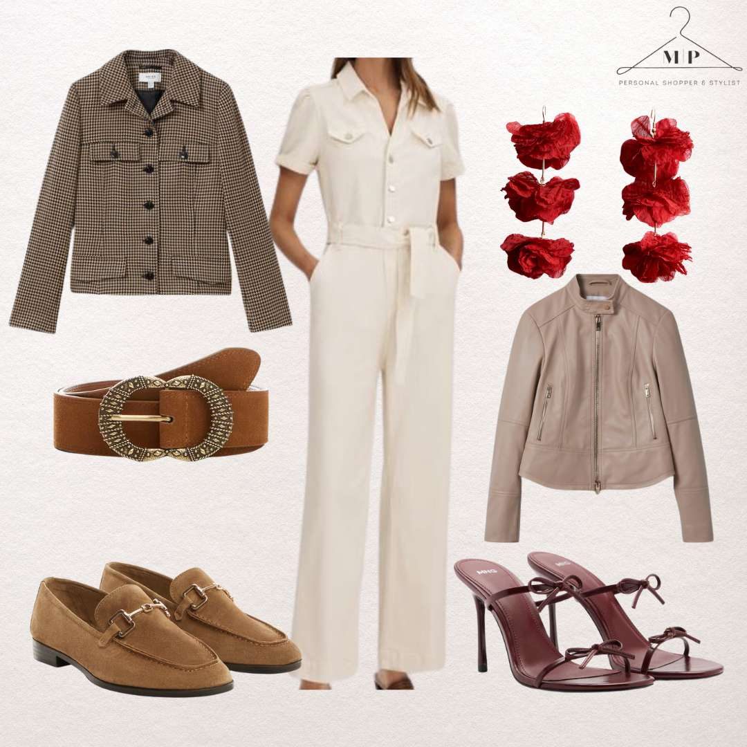 Cream utility jumpsuit with a brown houndstooth jacket, a taupe leather biker jacket, red ruffle earrings, a tan buckle belt, camel suede loafers and burgundy strappy heels