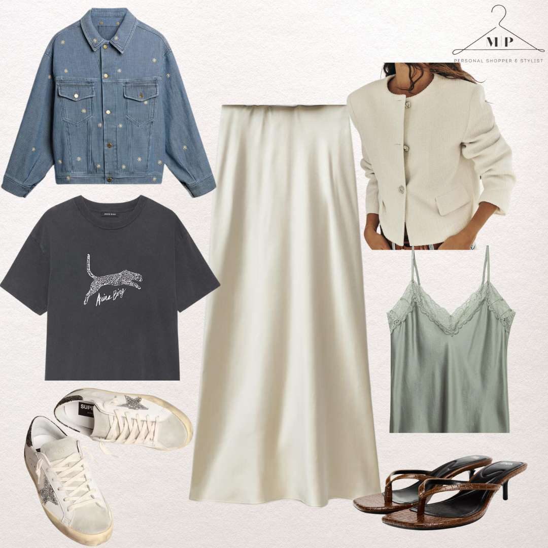 Cream satin midi skirt with a star-print denim jacket, a charcoal leopard tee, a cream boucle jacket, a sage lace camisole, worn white trainers and brown kitten-heel mules