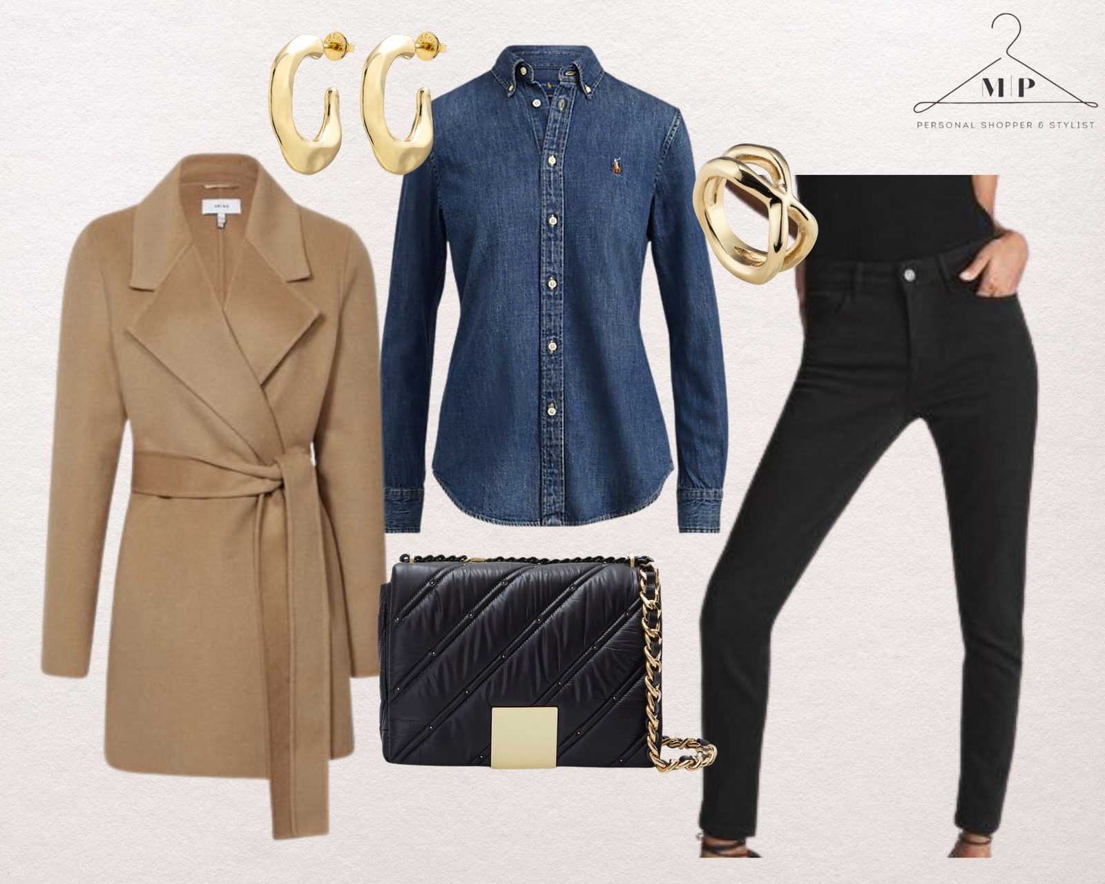 Camel wrap coat with a denim shirt, black skinny jeans, chunky gold hoop earrings, a gold knot ring and a black quilted chain bag