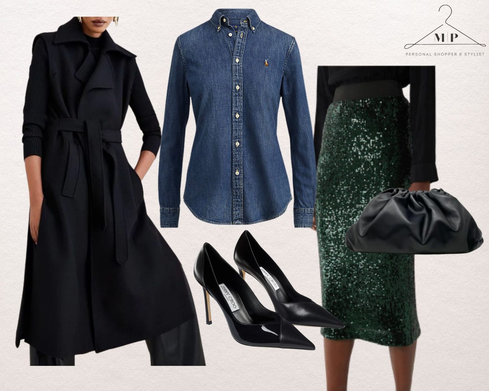 Black belted trench coat with a denim shirt, a green sequin midi skirt, a black gathered clutch and black pointed court heels