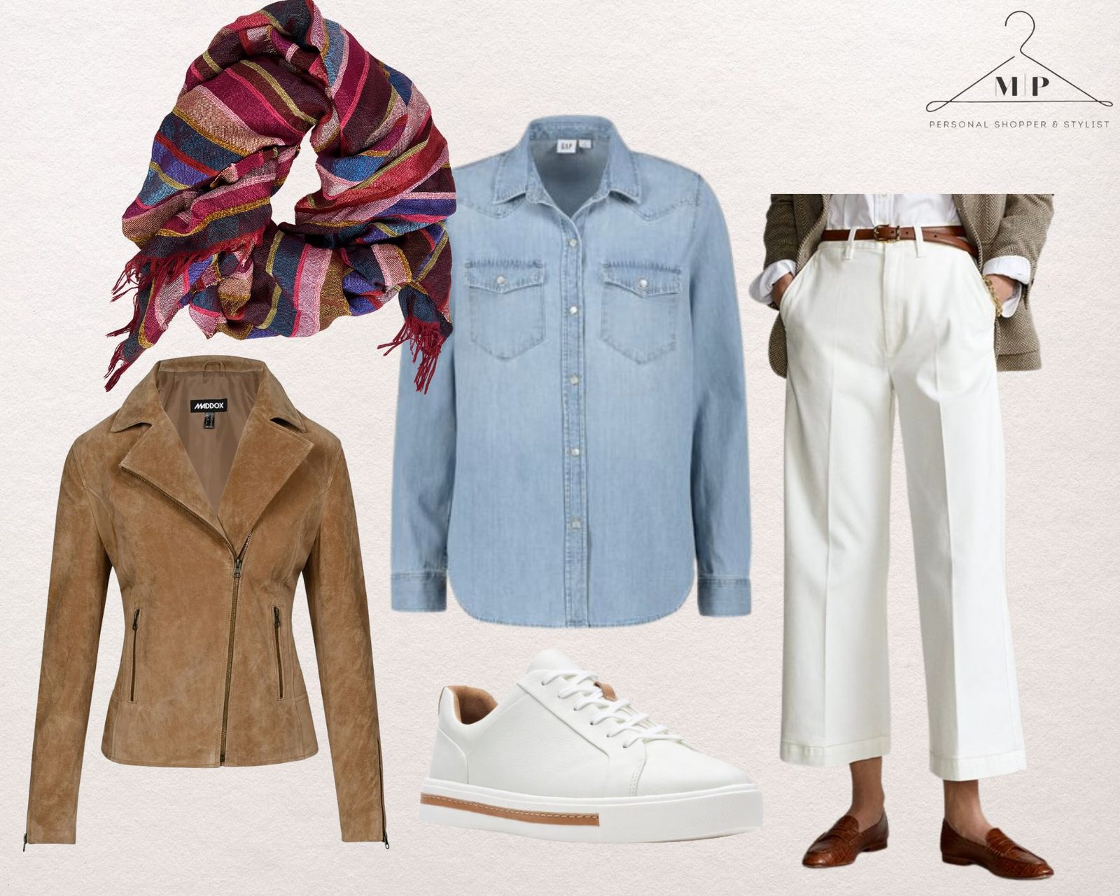 Tan suede biker jacket with a light denim shirt, cream wide-leg trousers, a multicoloured striped scarf, white leather trainers and brown loafers