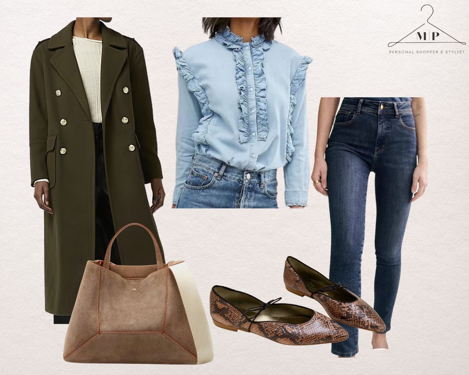 Olive double-breasted trench coat with a pale blue ruffled denim shirt, dark skinny jeans, a taupe suede tote and snake-print ballet flats