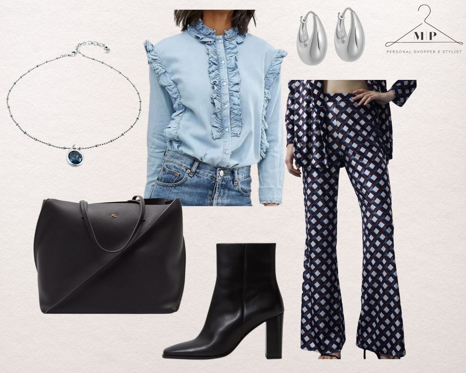 Pale blue ruffled denim blouse with navy geometric-print flared trousers, silver drop earrings, a sapphire pendant, a black leather tote and black ankle boots
