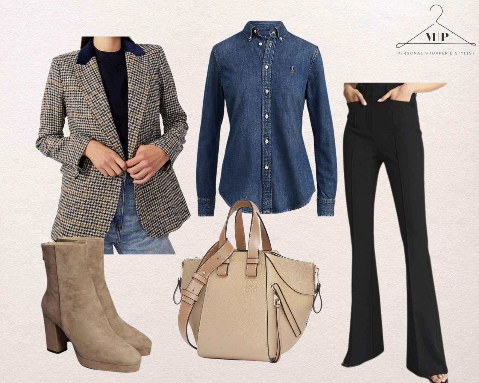 Beige checked blazer with a denim shirt, black flared trousers, a taupe leather tote and taupe suede platform ankle boots