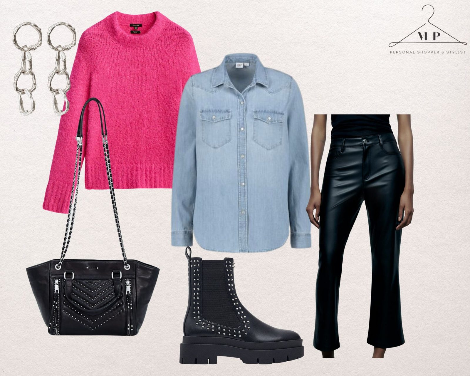 Hot pink fluffy jumper with a light denim shirt, black faux-leather flared trousers, a studded black chain bag, a silver bracelet and studded chunky Chelsea boots