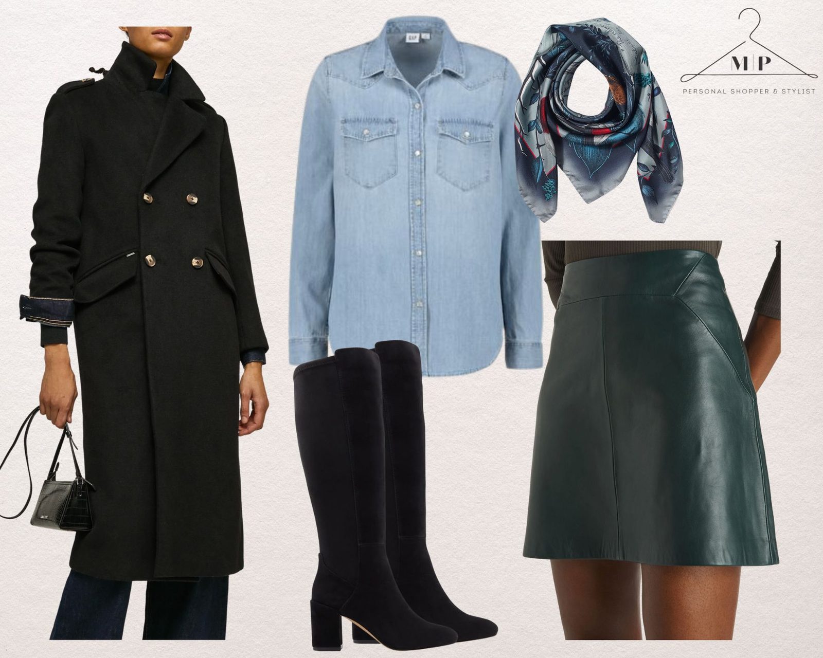 Black double-breasted military coat with a light denim shirt, a green leather mini skirt, a printed silk scarf and black suede knee-high boots