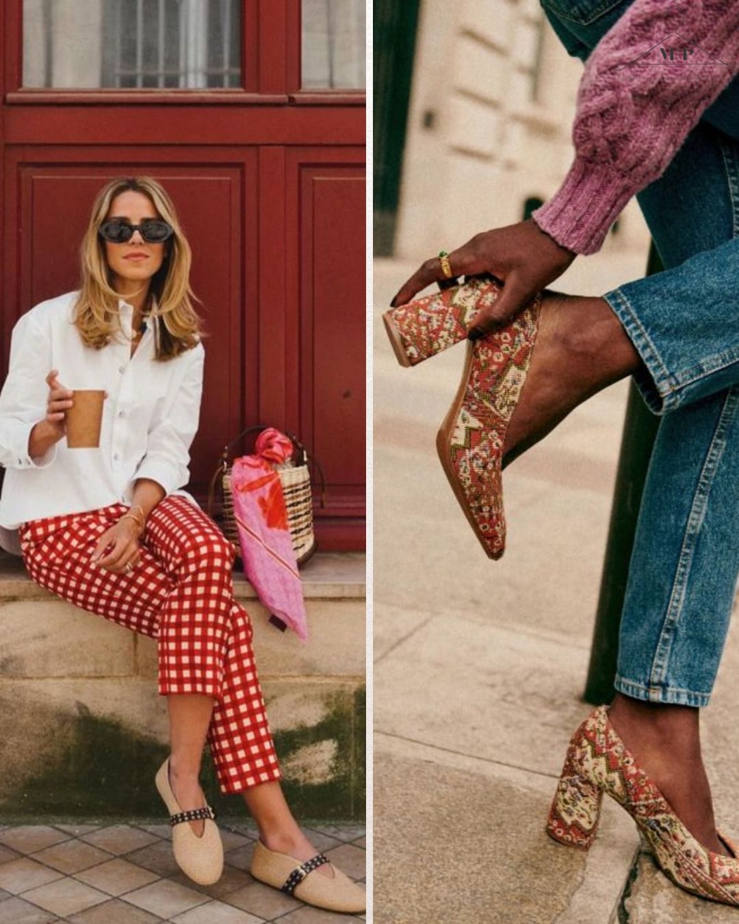 Left: Woman in sunglasses with a coffee cup, wearing red chequered pants, sits by red doors. Right: Close-up of colourful patterned heels.