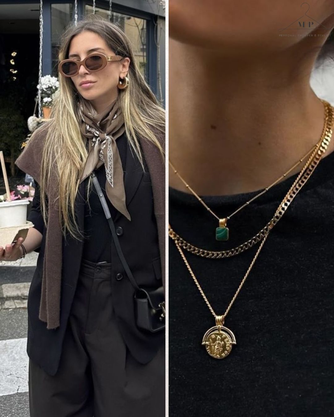 Woman in brown attire with sunglasses and scarf, holding a cup. Gold layered necklaces close-up on black fabric. Urban setting.