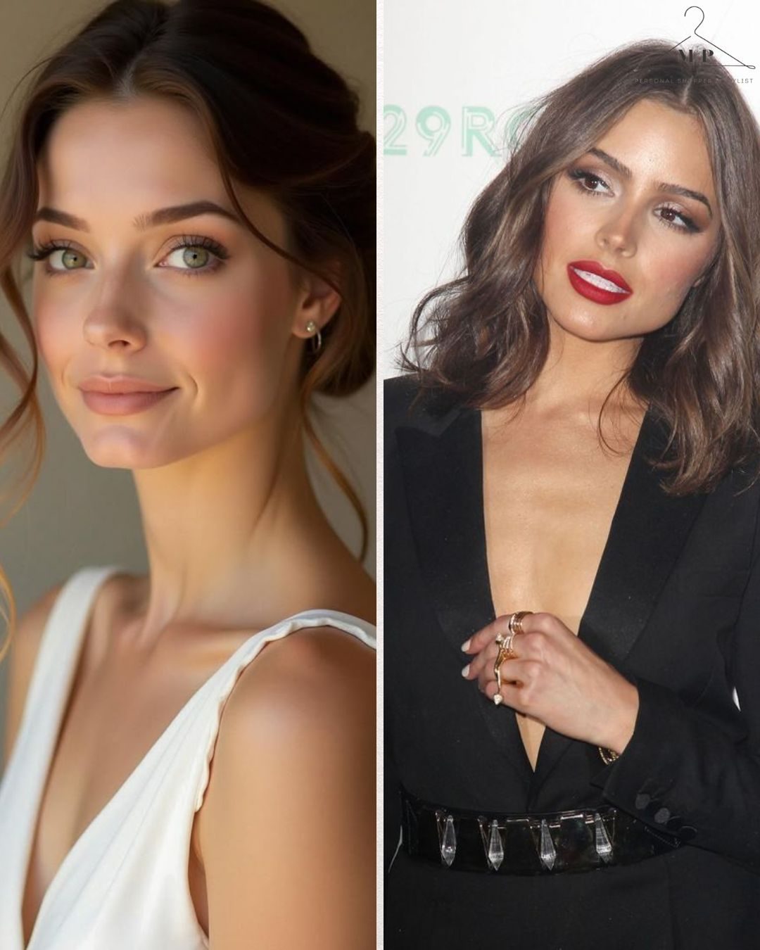 Two women side by side, one in a white top with wavy hair, smiling softly, the other in black with red lipstick, posing confidently.