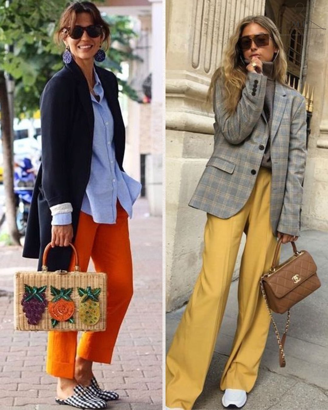 Two women in stylish outfits. Left: Smiling in orange pants, black jacket, holding a woven bag. Right: Plaid blazer, yellow pants, brown bag.