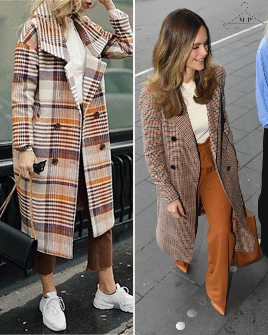 Two women in plaid coats. Left: beige, orange, holding bag, sneakers. Right: smiling, chequered coat, brown pants. Urban background.