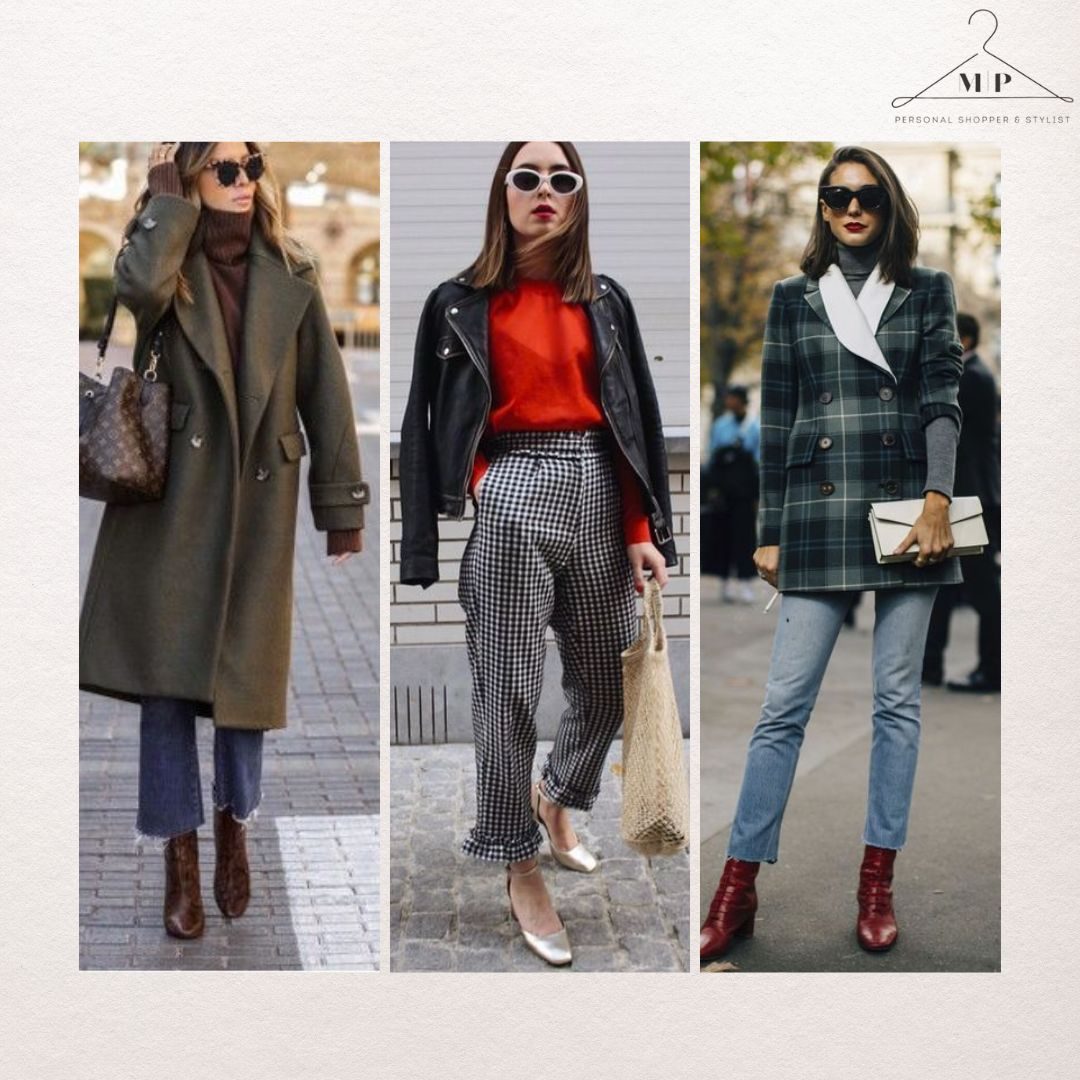 Three street-style looks: an olive coat with jeans and brown boots, a red jumper with houndstooth trousers and a leather jacket, and a green tartan blazer with jeans and burgundy boots