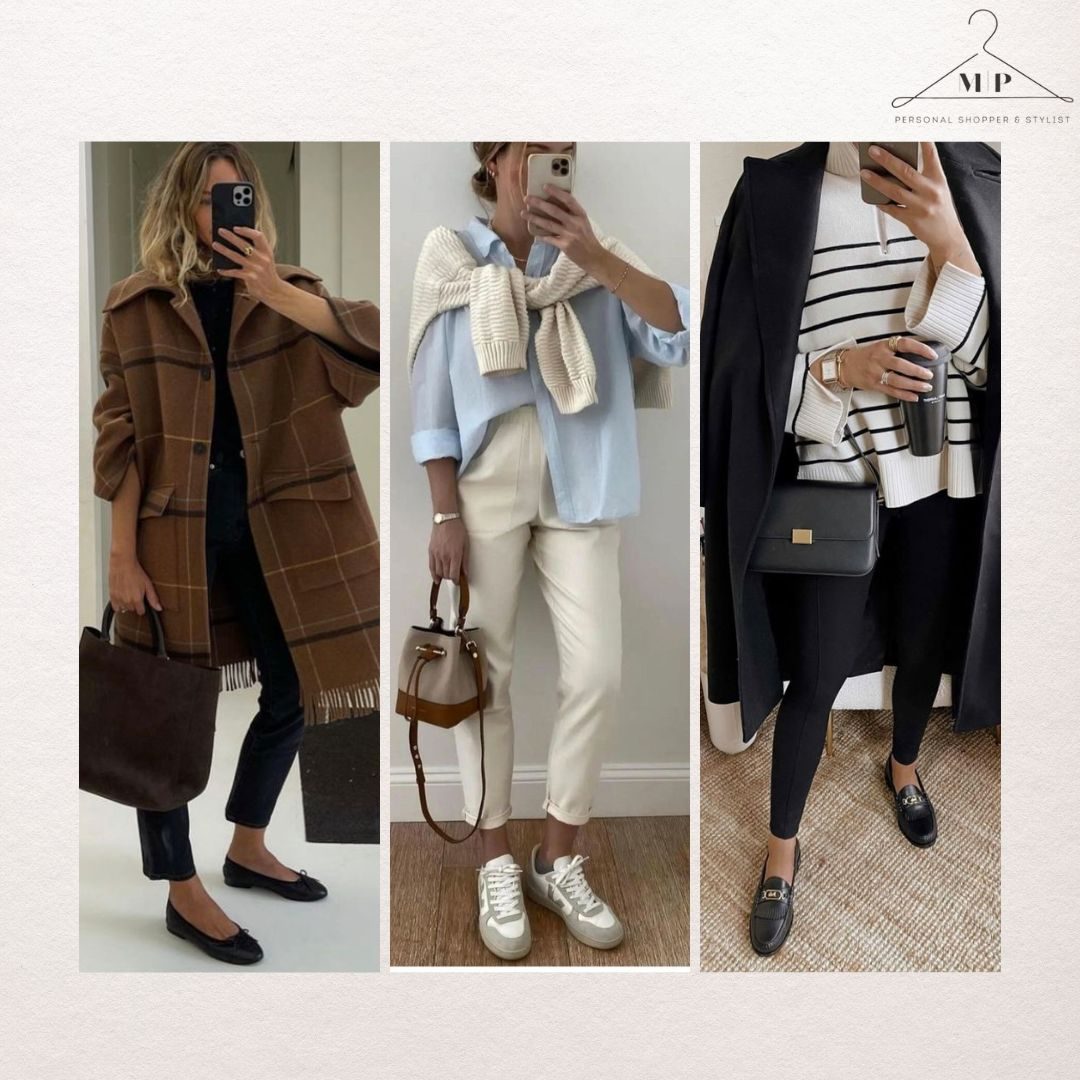 Three mirror-selfie outfits: a brown checked coat with black trousers and ballet flats, a blue shirt with a cream jumper and trainers, and a striped jumper with a black coat and loafers