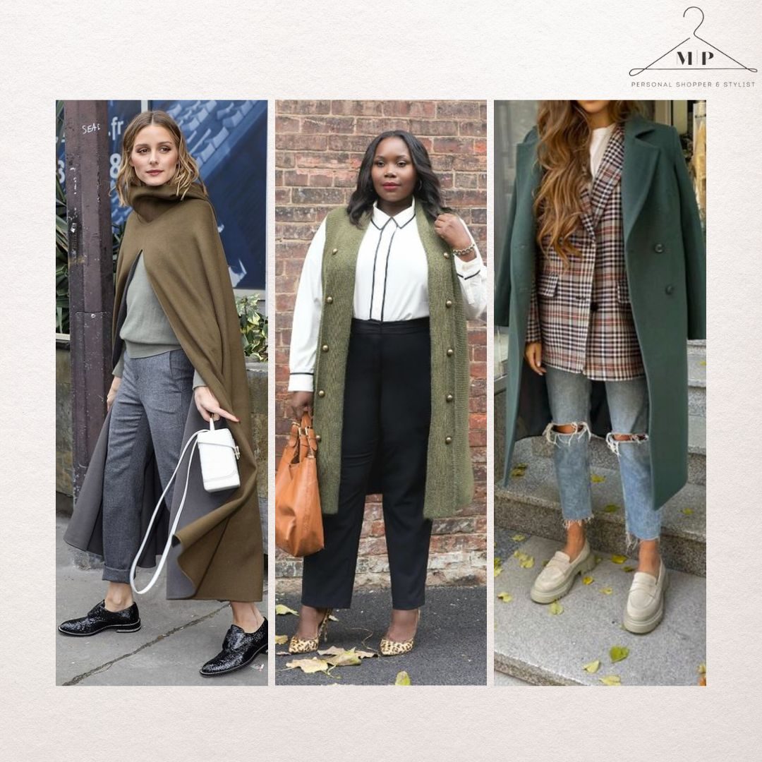 Three ways to wear olive green: a cape coat with grey trousers, a long knitted waistcoat over a white shirt, and a green trench with a checked blazer and jeans
