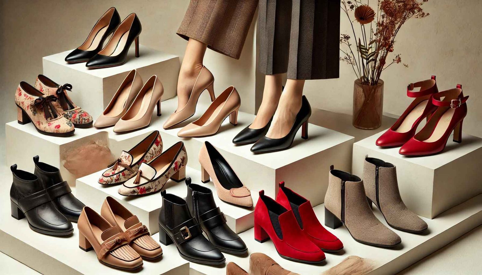 A display of women's shoes on cream plinths: nude and black court heels, floral flats, buckled ankle boots, red block heels and tan loafers