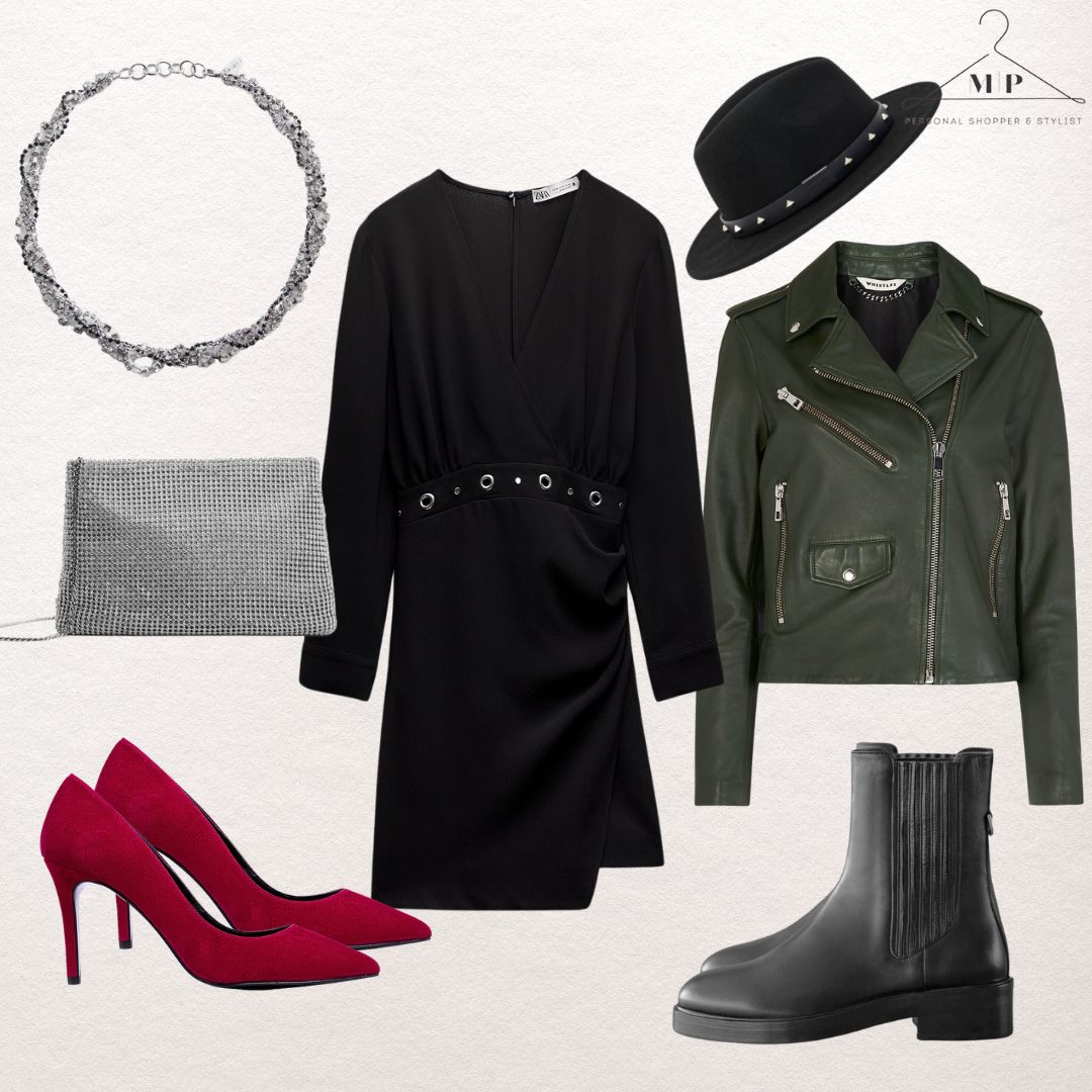 Black long-sleeved mini dress with an olive leather biker jacket, a black studded fedora, a crystal collar necklace, a silver mesh clutch, raspberry suede heels and black Chelsea boots