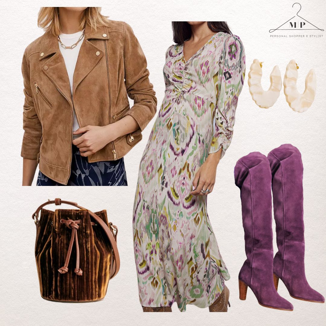 Ikat-print midi dress with a tan suede biker jacket, cream resin hoop earrings, a bronze velvet bucket bag and purple suede knee-high boots