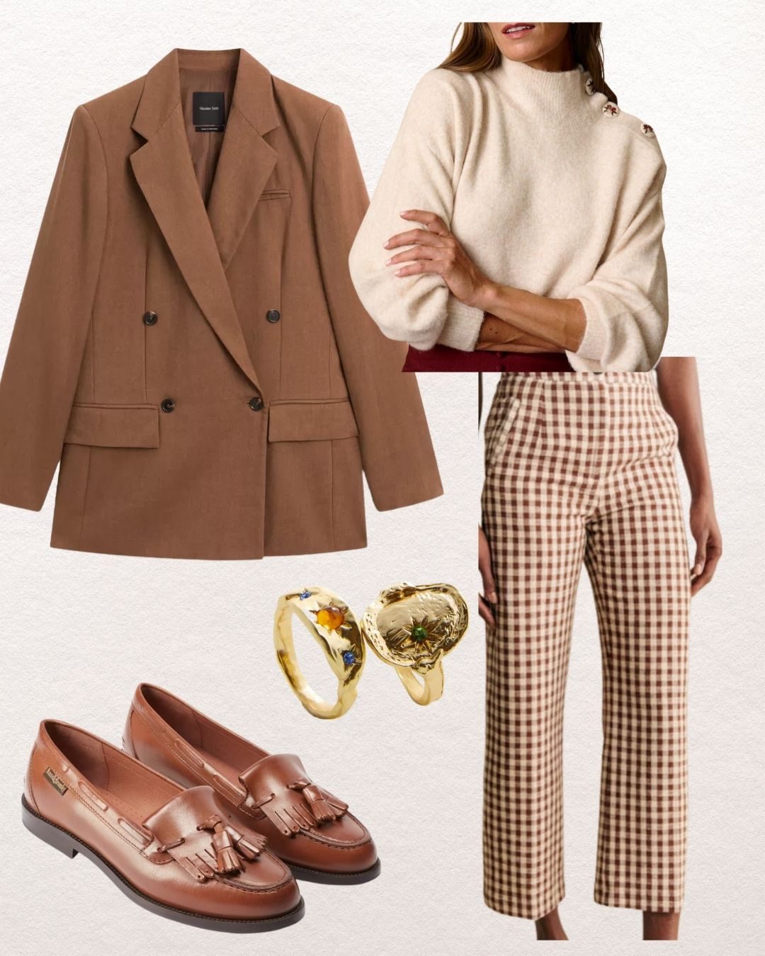 Tan double-breasted blazer with a cream knit jumper, brown gingham trousers, gold signet rings and brown tassel loafers
