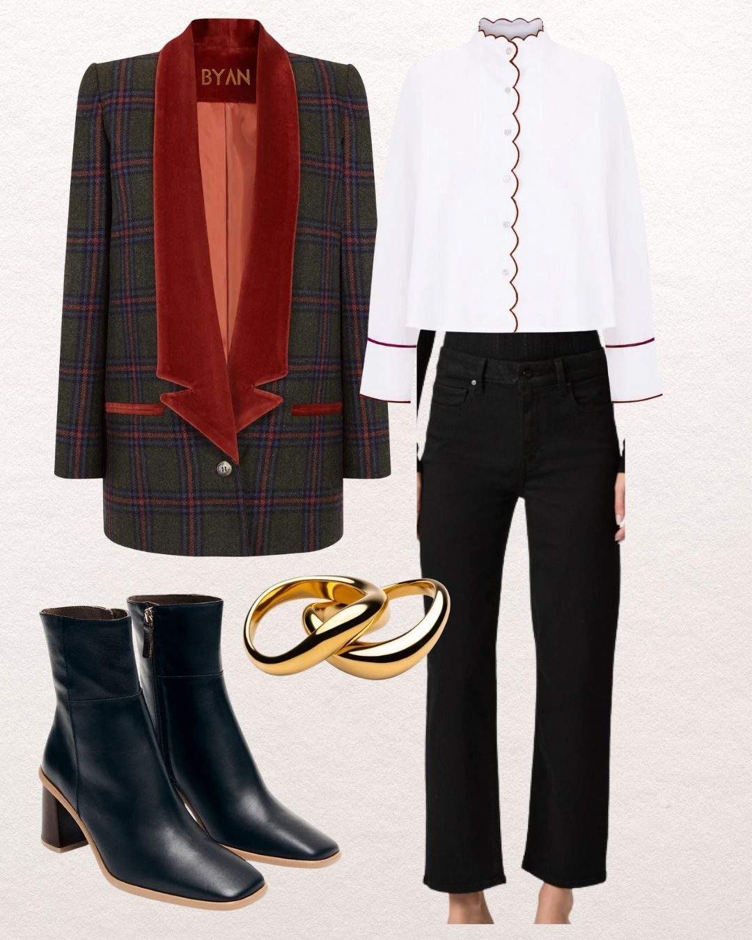 Green tartan blazer with a rust velvet scarf, a white ruffled blouse, black wide-leg jeans, gold rings and black leather ankle boots