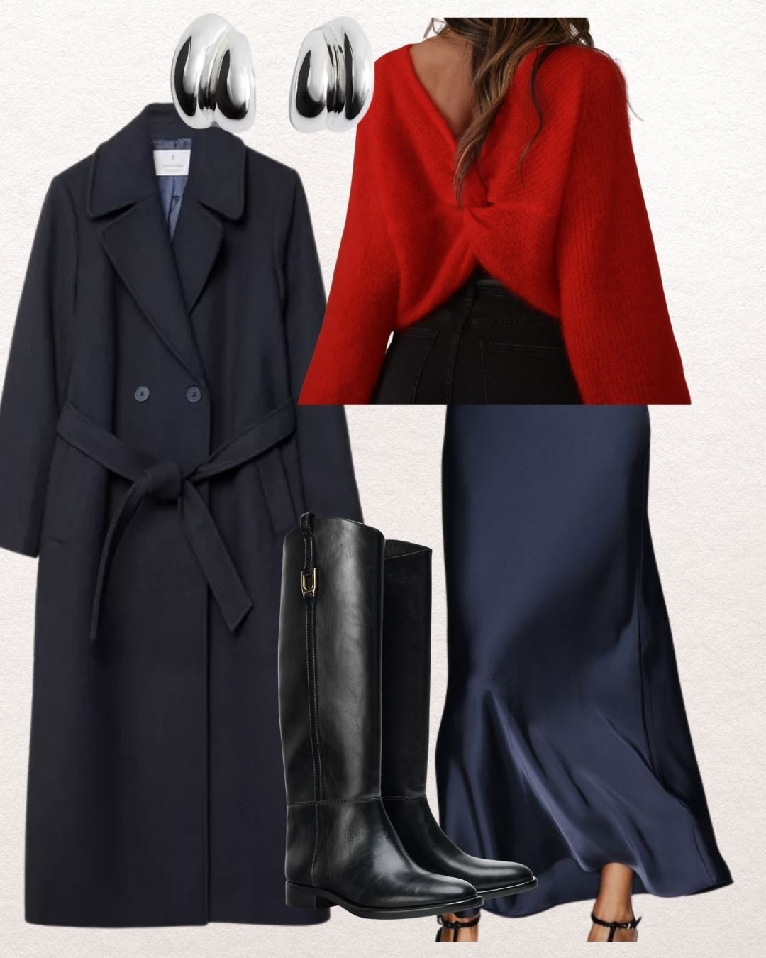 Navy belted wool wrap coat with a red twist-front jumper, a navy satin slip skirt and black leather knee-high boots