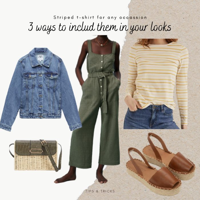 Three ways to wear a striped T-shirt, first look: a denim jacket, an olive linen jumpsuit, a yellow striped top, a wicker clutch and tan espadrille sandals