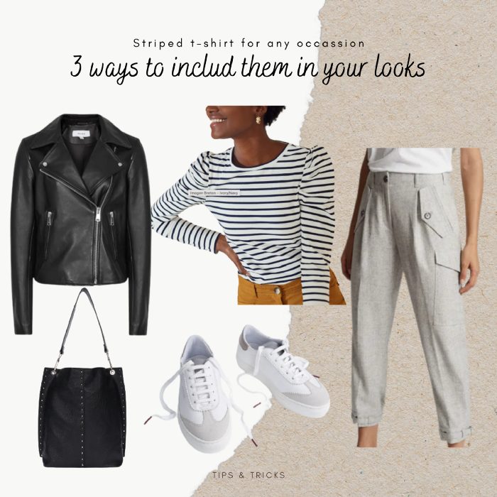 Three ways to wear a striped T-shirt, second look: a black leather biker jacket, a navy Breton top, grey cargo trousers, a studded black bucket bag and white trainers