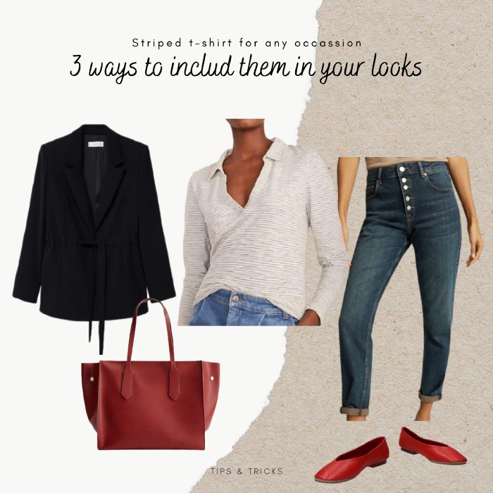 Three ways to wear a striped T-shirt, third look: a black tie-waist blazer, a cream striped polo top, straight jeans, a red leather tote and red ballet flats