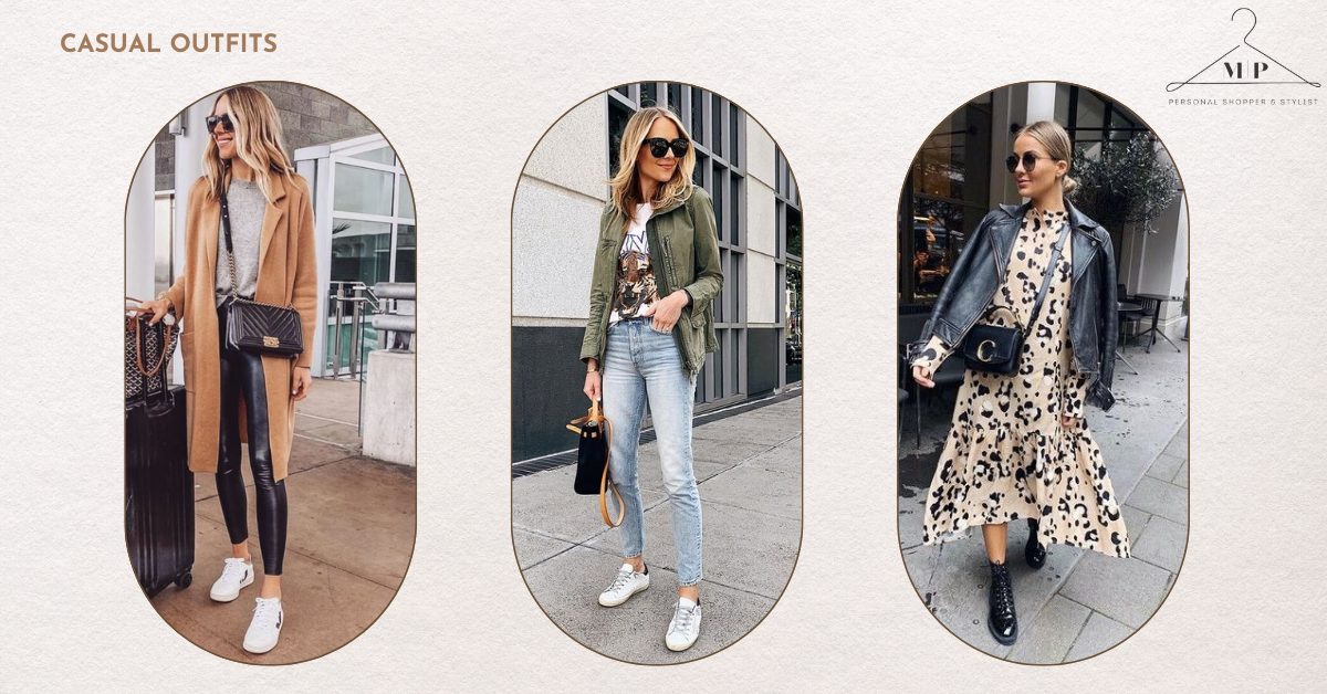 Two casual looks: an olive utility jacket with a printed tee, light jeans and white trainers, and a leather jacket with a leopard-print midi skirt and lace-up boots