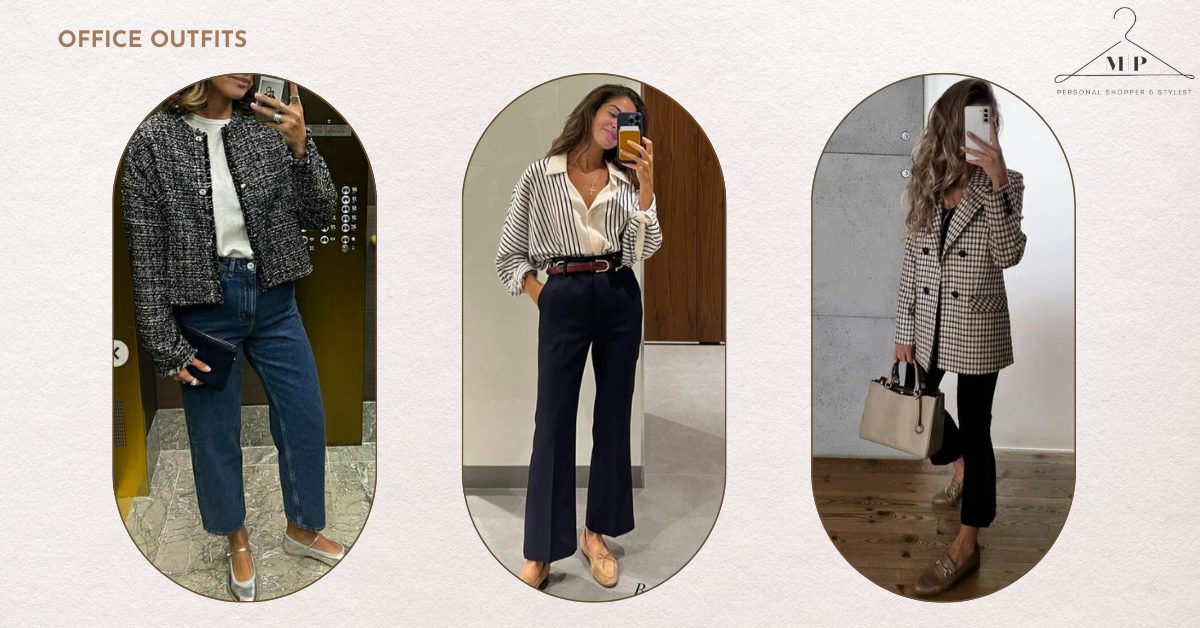 Three mirror-selfie outfits: a printed blouse with jeans, a striped shirt with navy flared trousers and a burgundy belt, and a checked co-ord with a cream bag