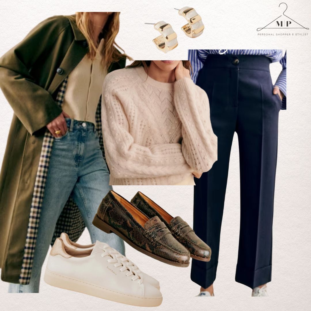 Olive trench coat with light blue jeans, a cream pointelle jumper, navy tailored trousers, gold hoop earrings, snake-print loafers and white trainers