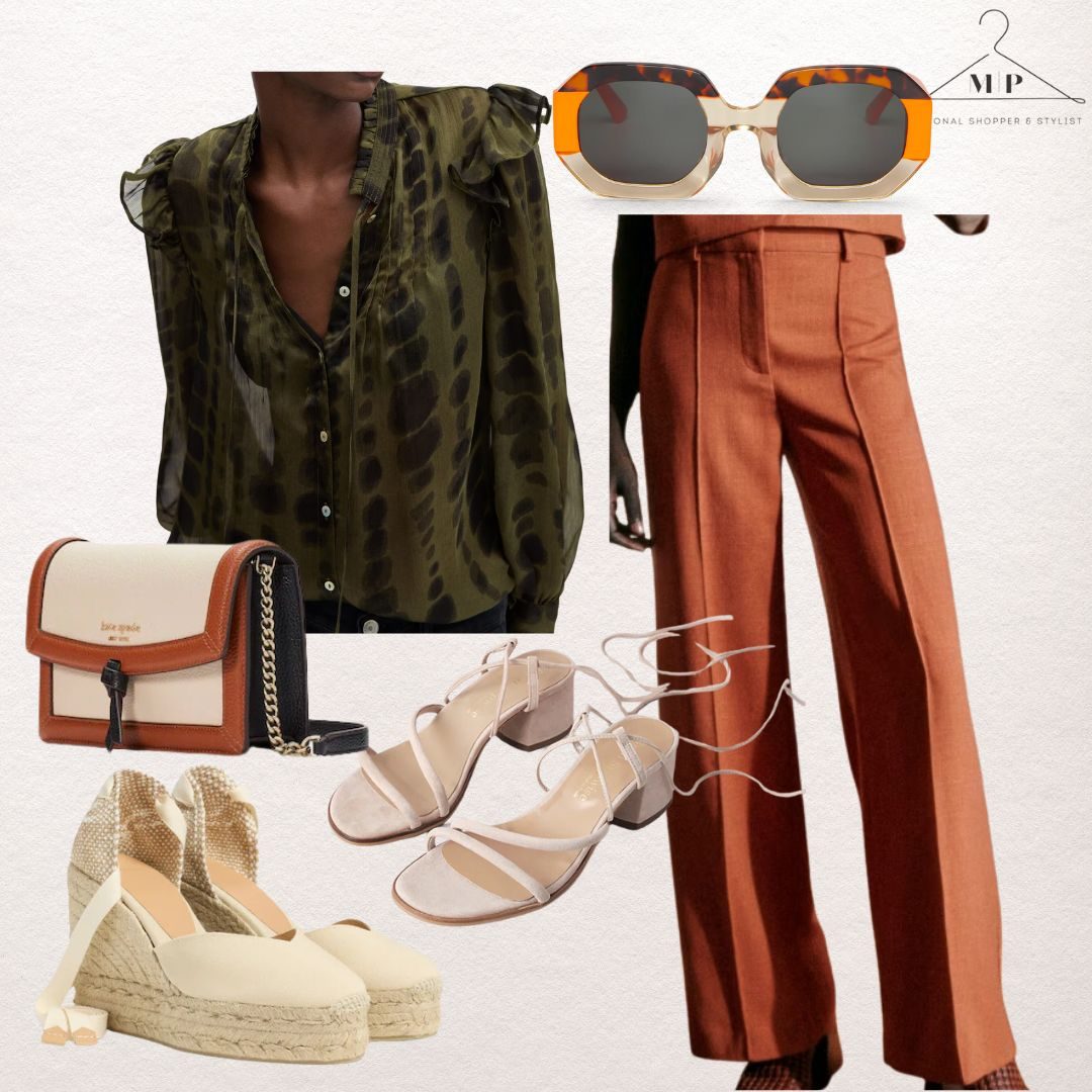 Olive animal-print ruffle blouse with rust wide-leg trousers, tortoiseshell sunglasses, a cream and tan chain shoulder bag, cream espadrille wedges and nude strappy sandals
