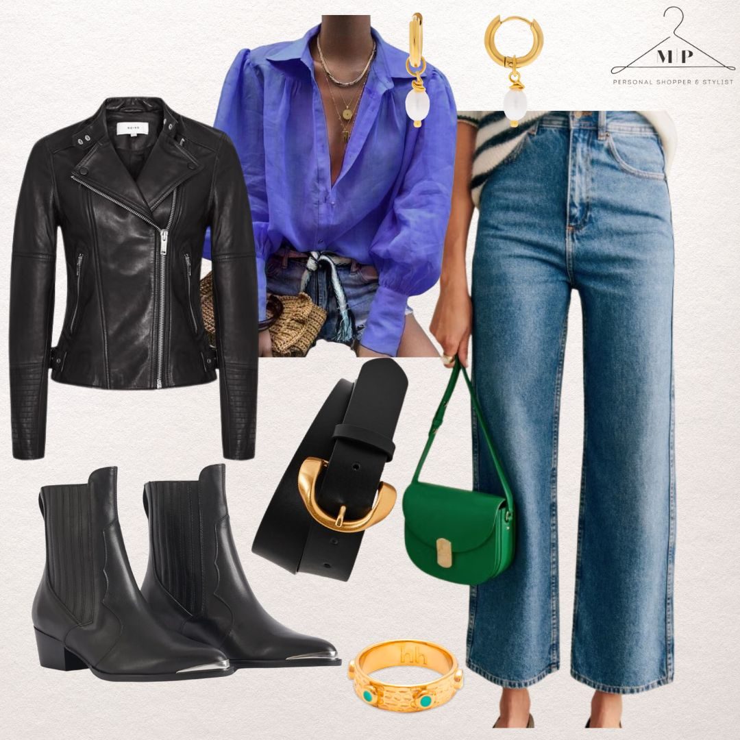Black leather biker jacket with a cobalt blue linen shirt, wide-leg jeans, a green crossbody bag, a black and gold buckle belt, gold hoops and black Chelsea boots