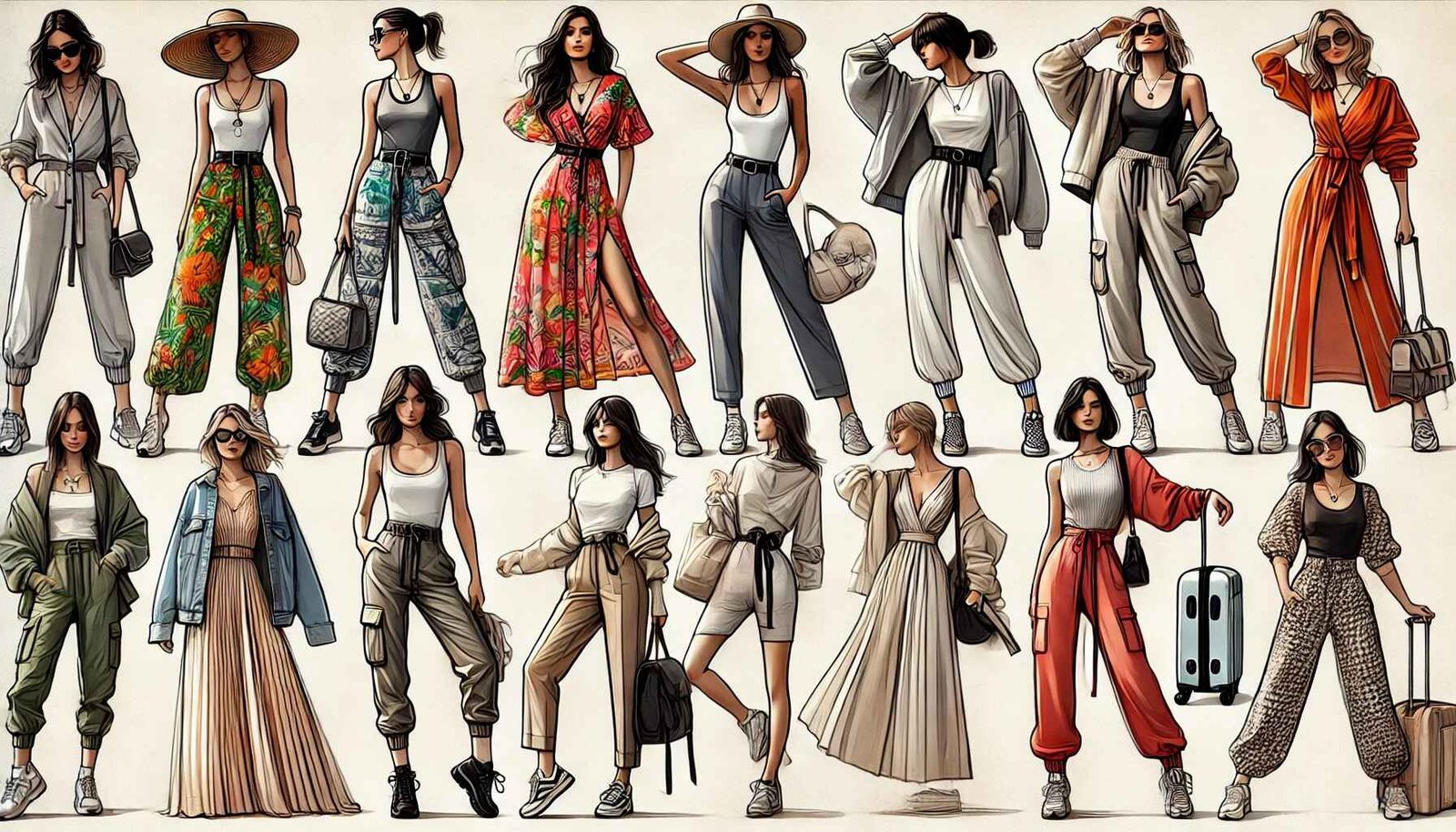Illustration of ten women in relaxed summer outfits — cargo trousers, a red floral wrap dress, linen sets, oversized shirts and trainers