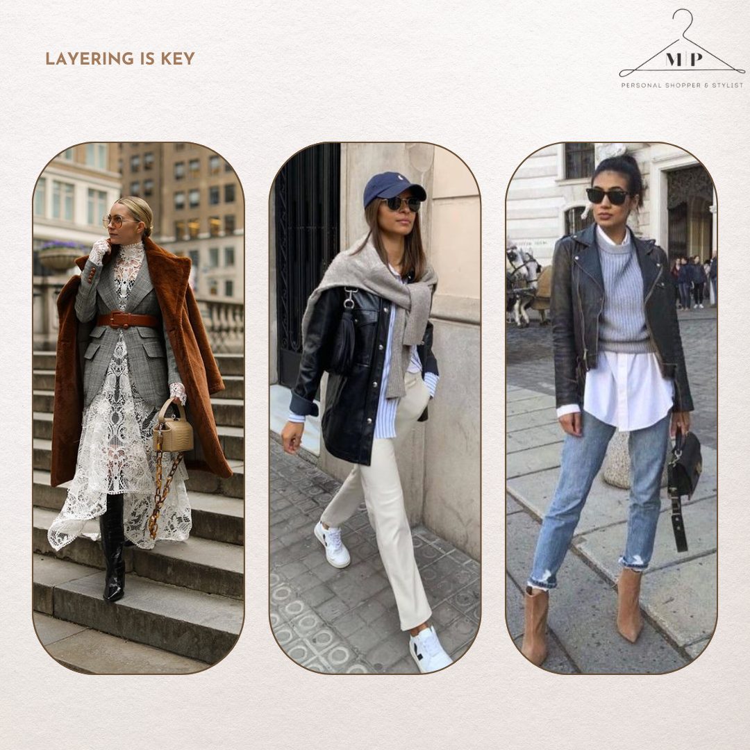 Three layered street-style looks: a lace dress under a checked waistcoat and rust coat, a leather jacket with a knit scarf and cream jeans, and a biker jacket over a shirt and jumper with jeans