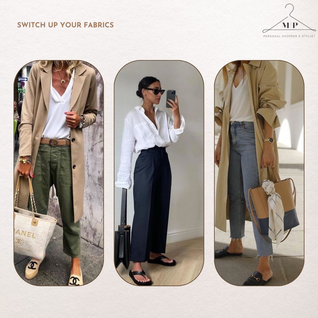 Three outfits mixing fabrics: a camel coat with a white tee and khaki cargo trousers, a crisp white shirt with navy wide-leg trousers, and a trench coat with jeans and loafers