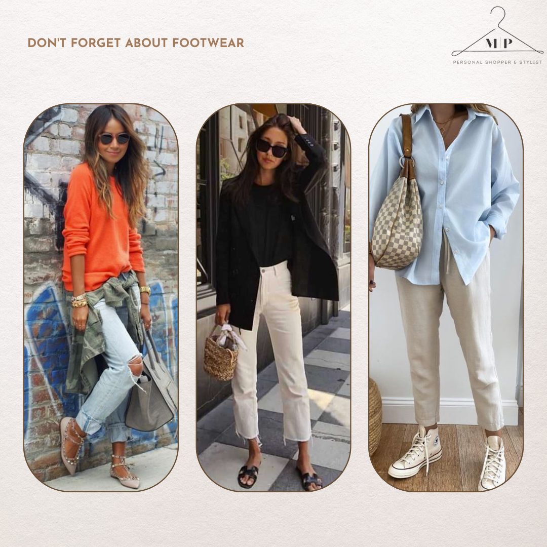 Three looks finished by their shoes: an orange jumper with ripped jeans and studded flats, a black blazer with cream jeans and slides, and a blue shirt with cream trousers and high-top trainers
