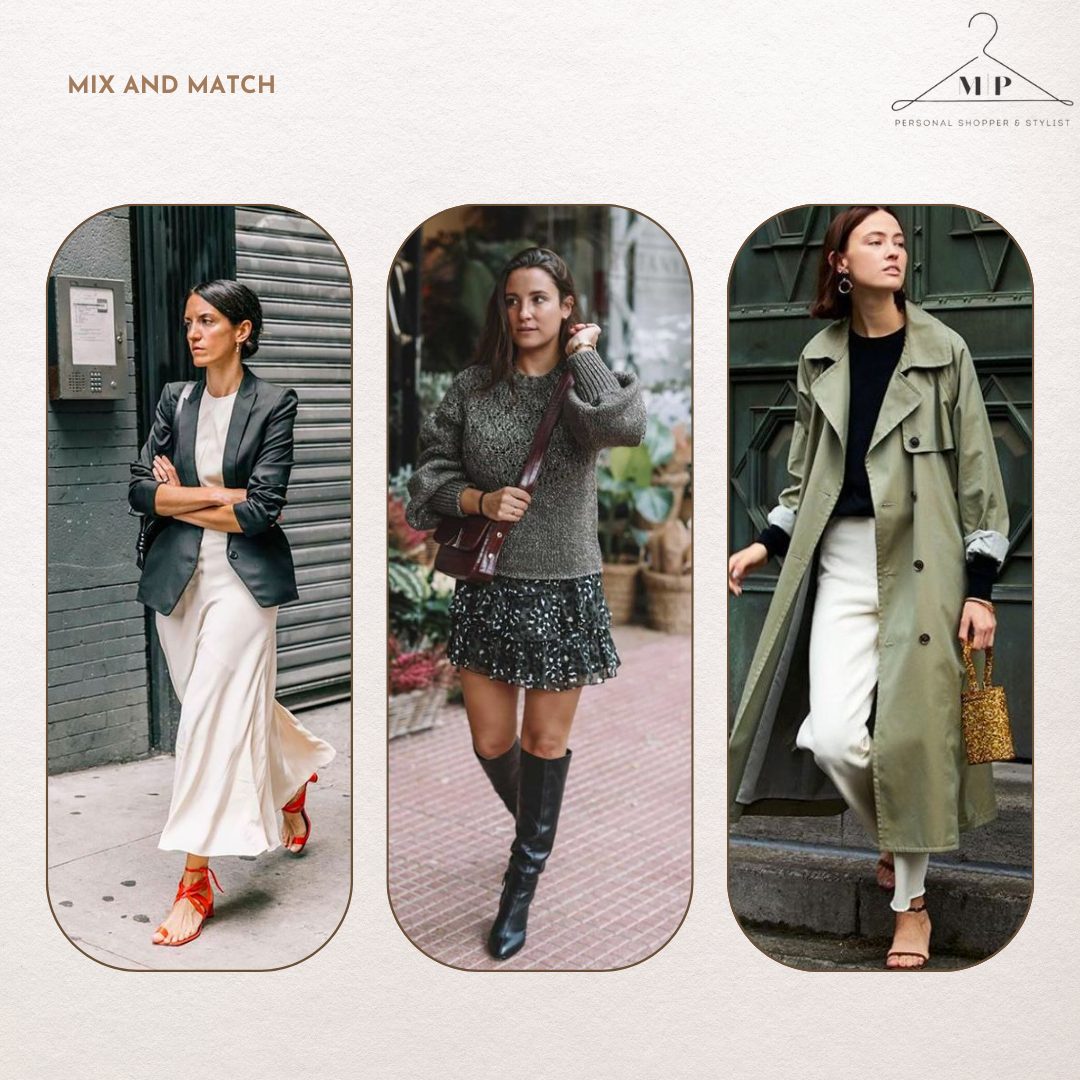 Three mix-and-match looks: a black blazer with a cream slip skirt and red sandals, a grey knit with a sequin mini skirt and knee-high boots, and an olive trench with white trousers
