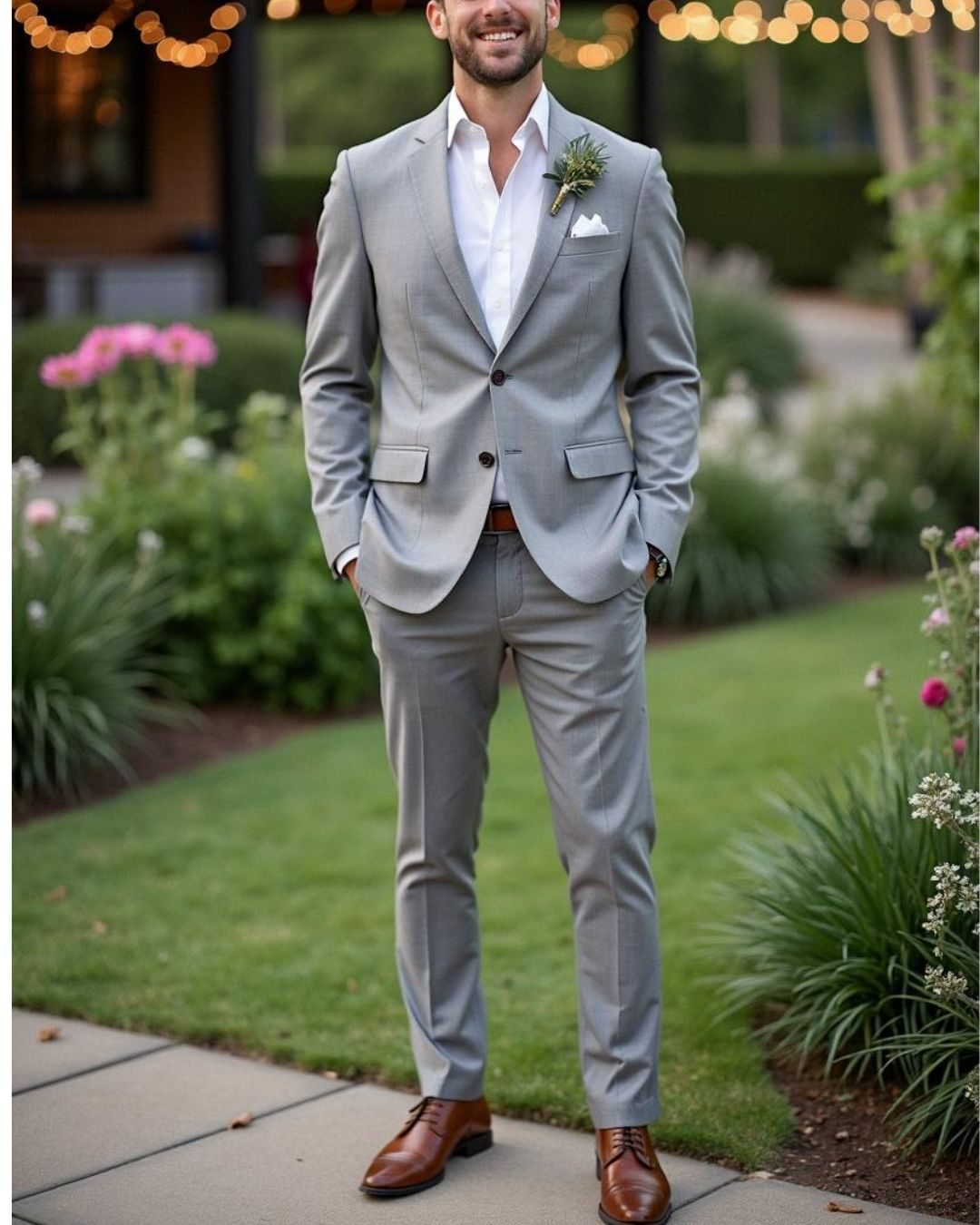 Man in a grey suit attending a semi formal wedding event. String lights and vibrant garden create a warm, elegant setting.