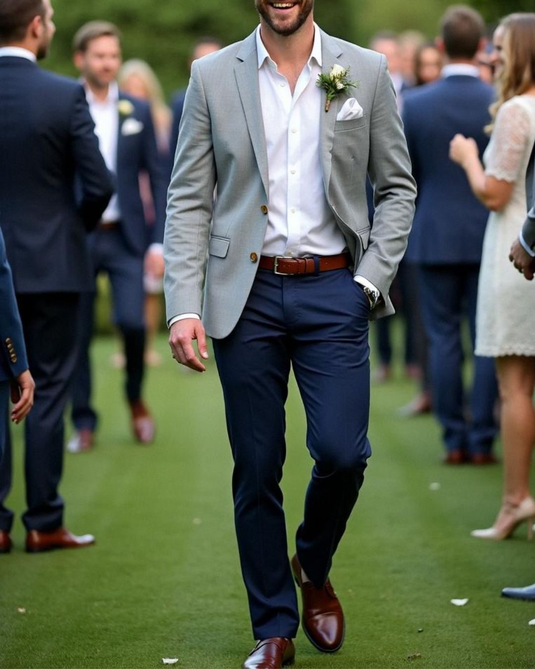 Man attending a smart casual wedding event in a light grey blazer and navy trousers walks on grass, smiling. Crowd in formal attire in the blurred background, outdoor setting.