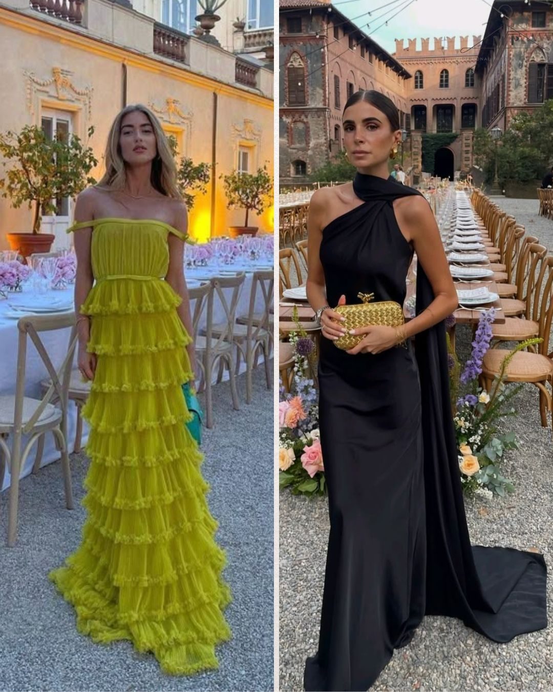 Two women in elegant dresses, attending a black tie wedding event, one in yellow and one in black, pose outdoors near formal table settings against ornate building backdrops.