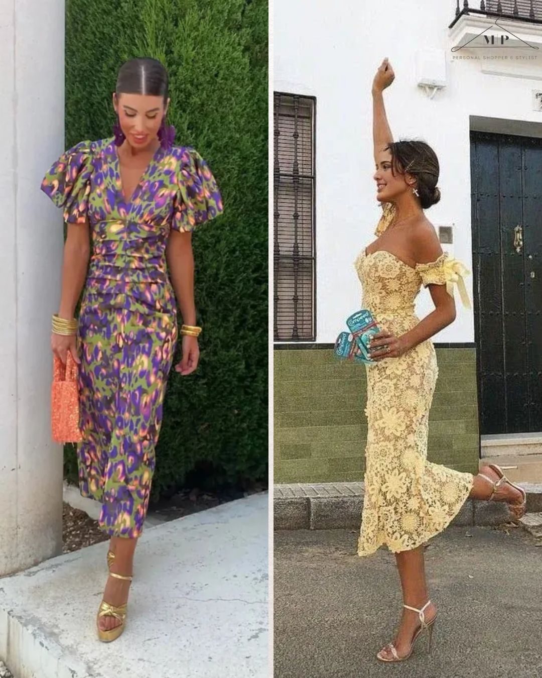 Two women in vibrant dresses, attending a cocktail, semi formal wedding event. Left: multicoloured dress, orange clutch, green backdrop. Right: yellow lace dress, raised arm, urban setting.