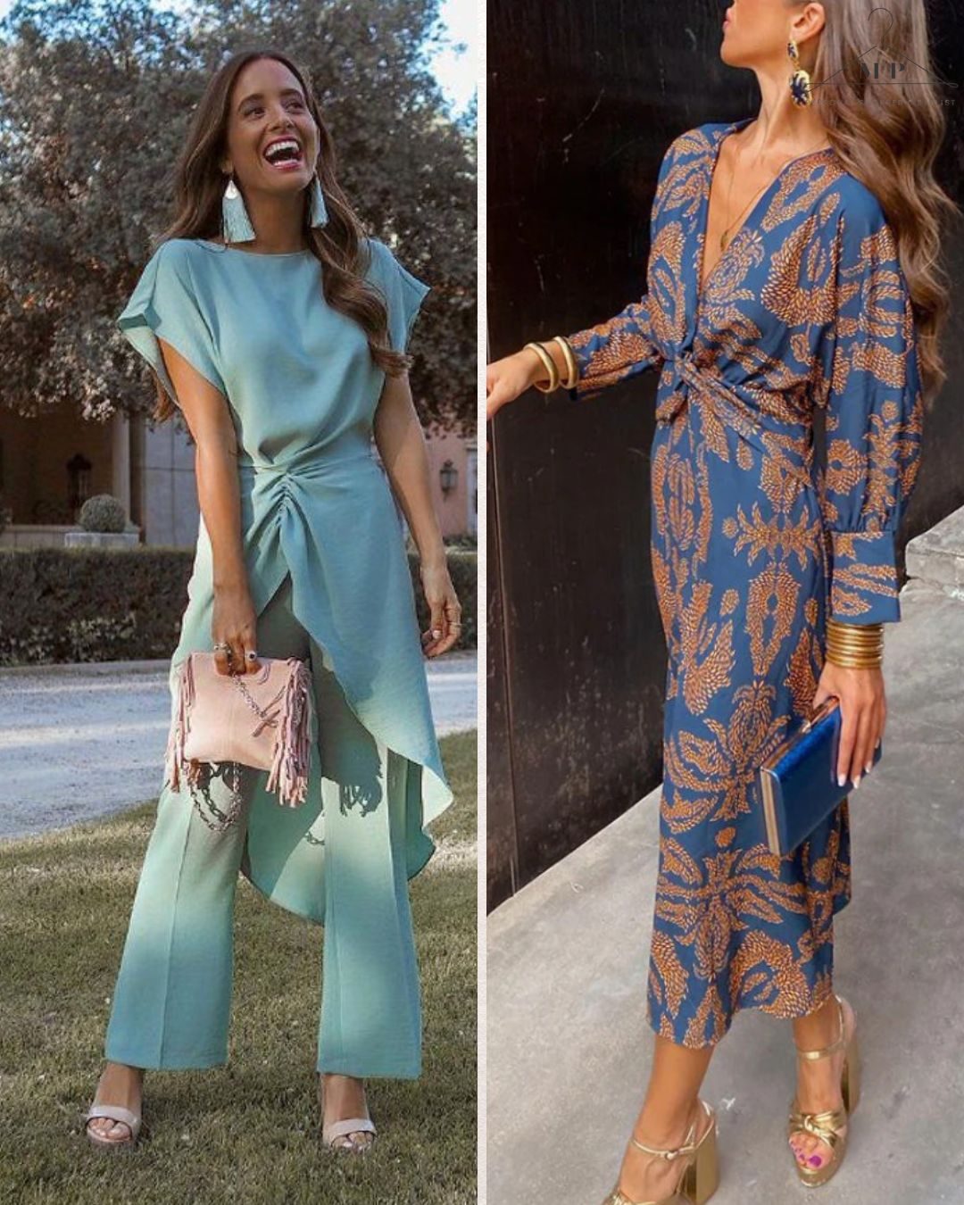 Two women in stylish outfits, attending a smart caual wedding event: left in teal with pink purse, laughing outdoors; right in blue patterned dress, holding a notebook, indoors.
