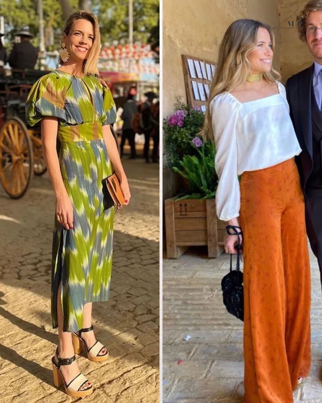Two women in stylish outfits attending a garden party wedding event. Left: green patterned dress, holding a clutch. Right: white blouse, orange pants, smiling with a man.