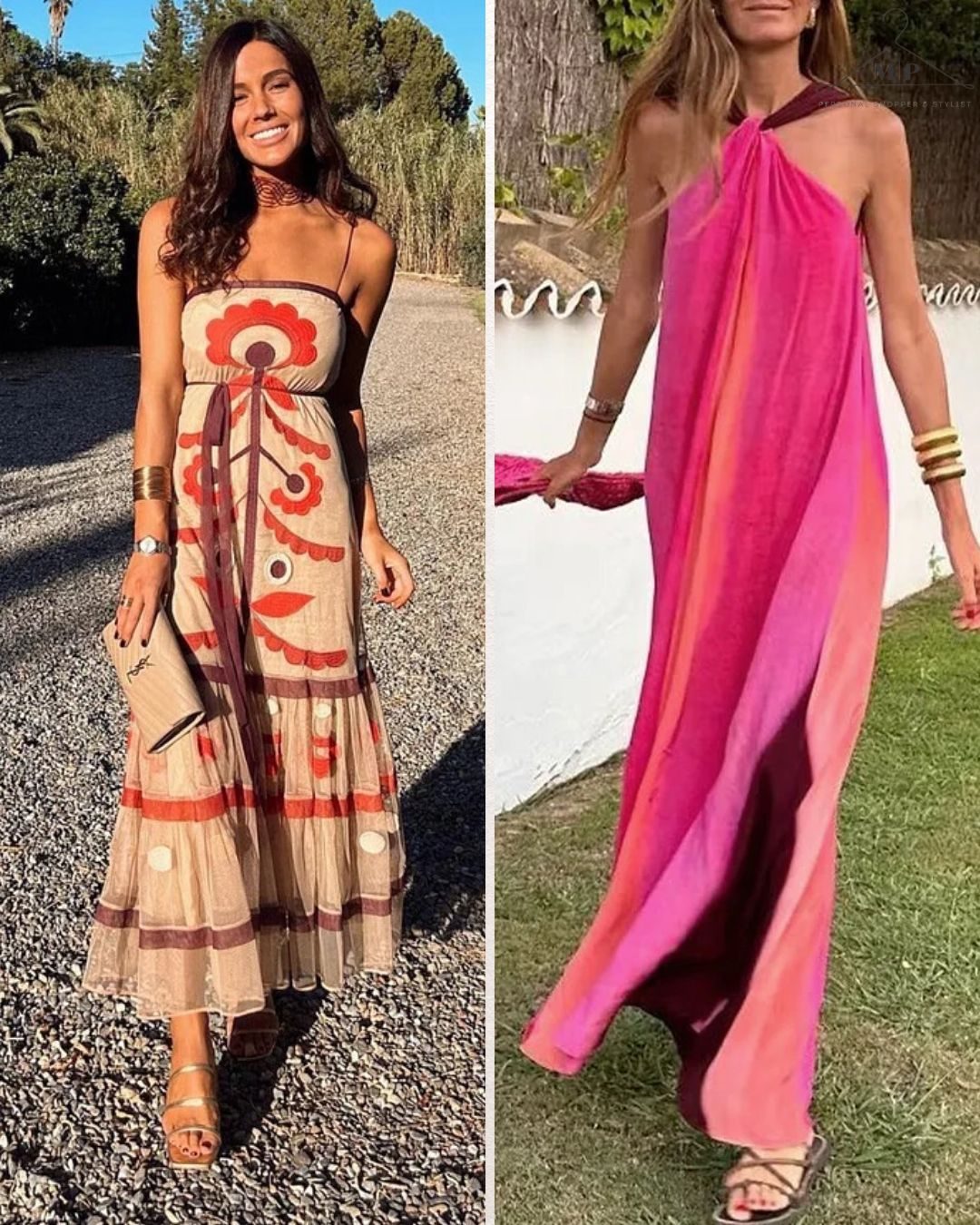 Two women in bright summer dresses attending a beach wedding event. left in beige with red patterns, right in pink. Outdoors with greenery, both smiling and holding clutches.