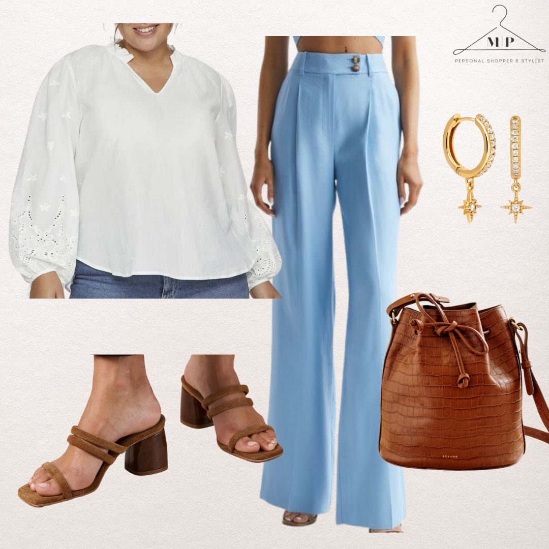 White broderie anglaise blouse with pale blue wide-leg trousers, gold star drop earrings, a tan croc-effect bucket bag and brown block-heel mules