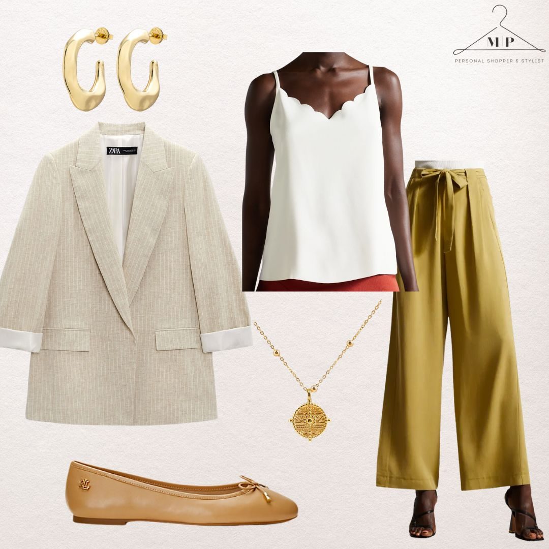 Oatmeal pinstripe blazer with a white scallop-edge camisole, chartreuse tie-waist trousers, gold hoop earrings, a gold coin pendant and tan ballet flats