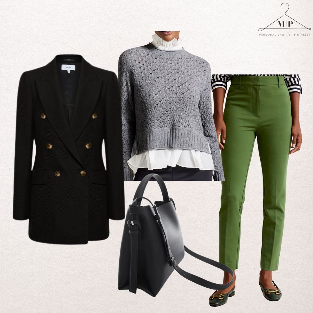An outfit with blazer, jumper and green trousers for women