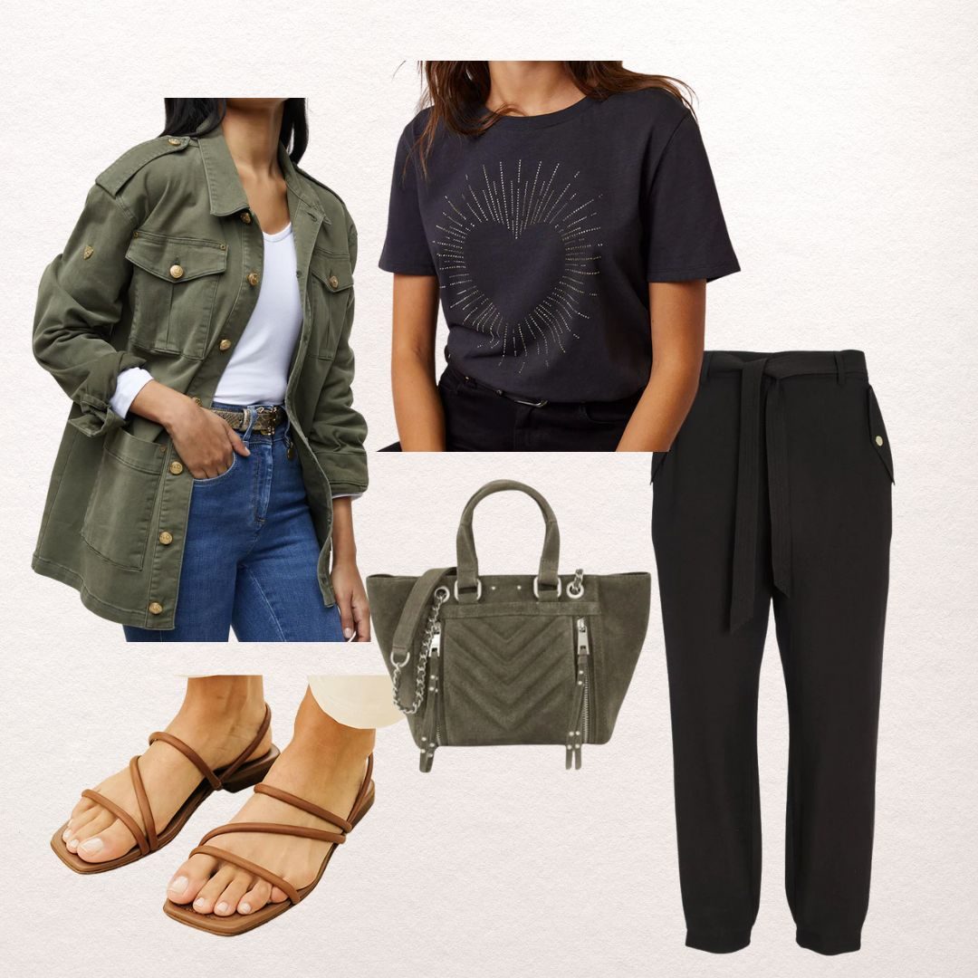 Khaki utility jacket with a navy heart-print T-shirt, black tie-waist trousers, an olive suede tote and tan flat sandals
