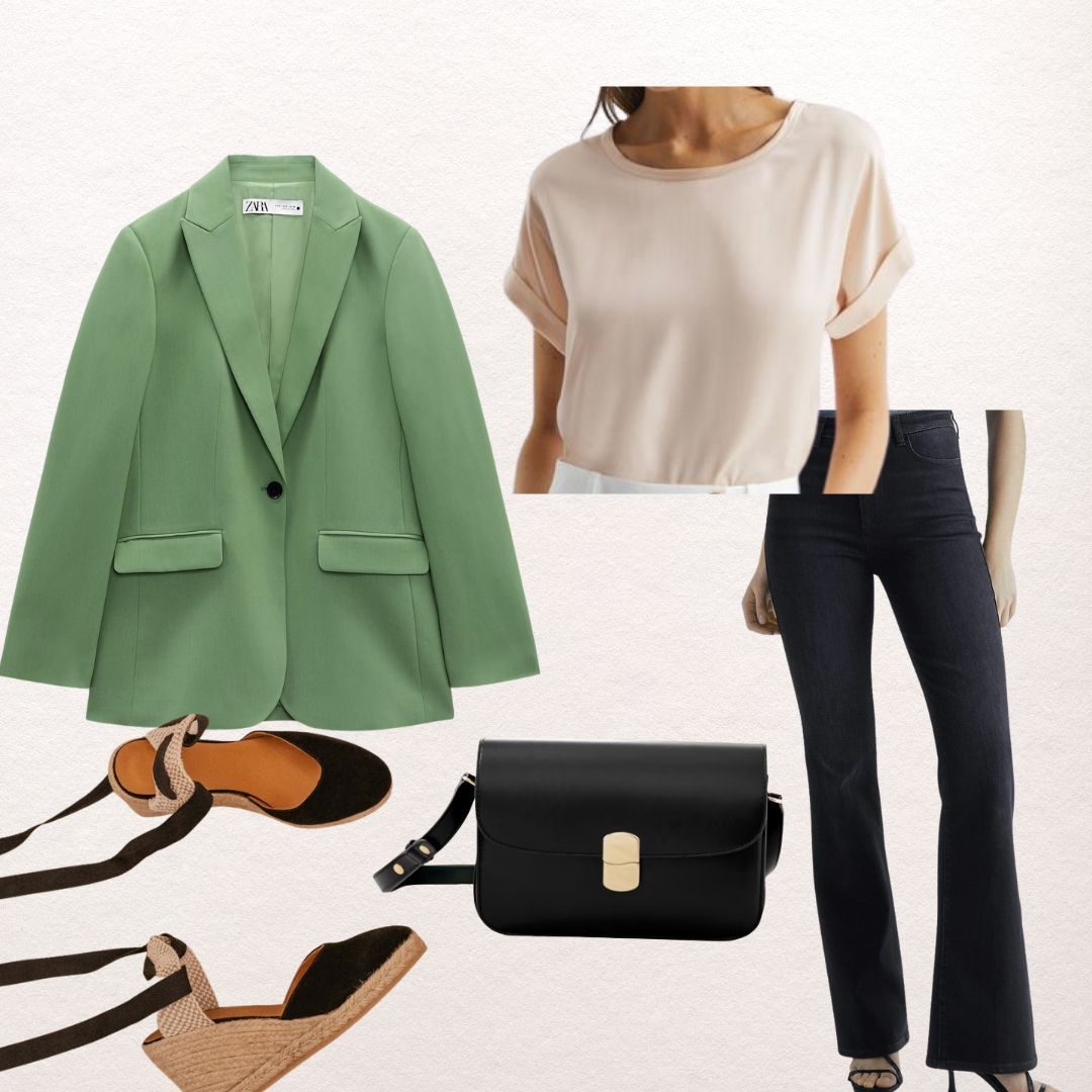 Sage green blazer with a blush silk T-shirt, dark flared jeans, a black crossbody bag and black espadrille wedge sandals